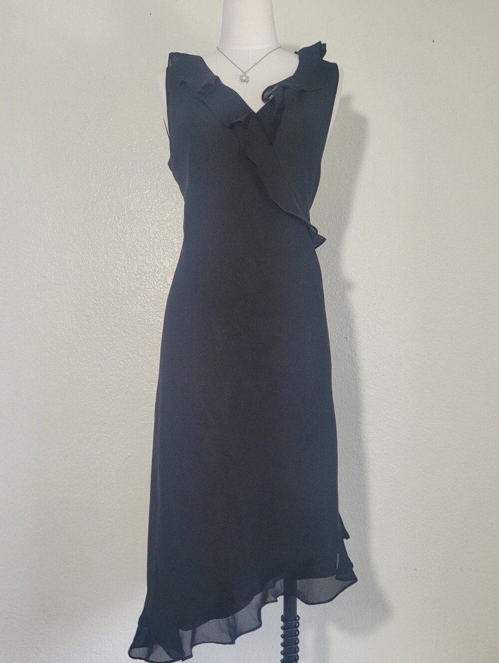 Vintage Y2K Fashion Bug Elegant Cocktail Black Asymetric Ruffled Midi Dress 12